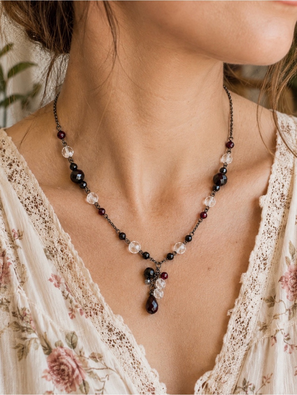 Vintage Vicky Jousan VJ Glass Bead Y Drop Necklace Black Red Clear